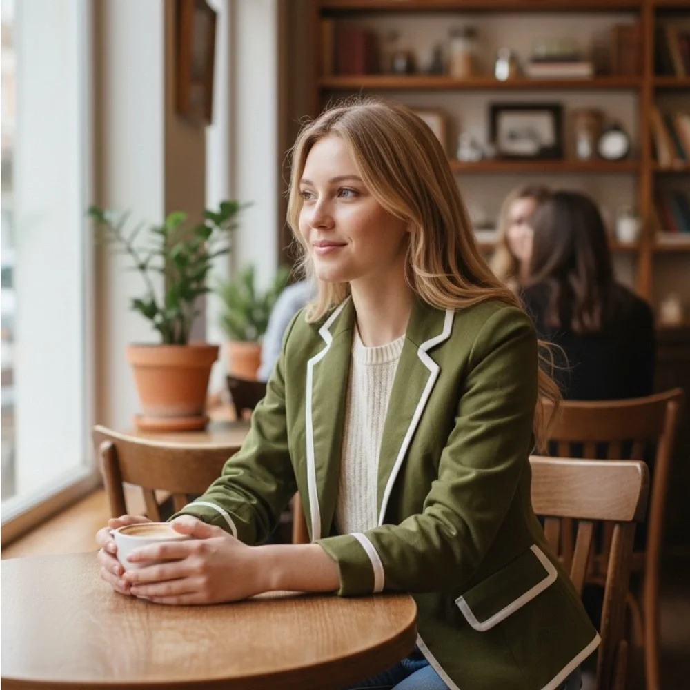 Modcloth Sz M Cropped Fitted Olive Blazer with White Accents - Picture 2 of 10
